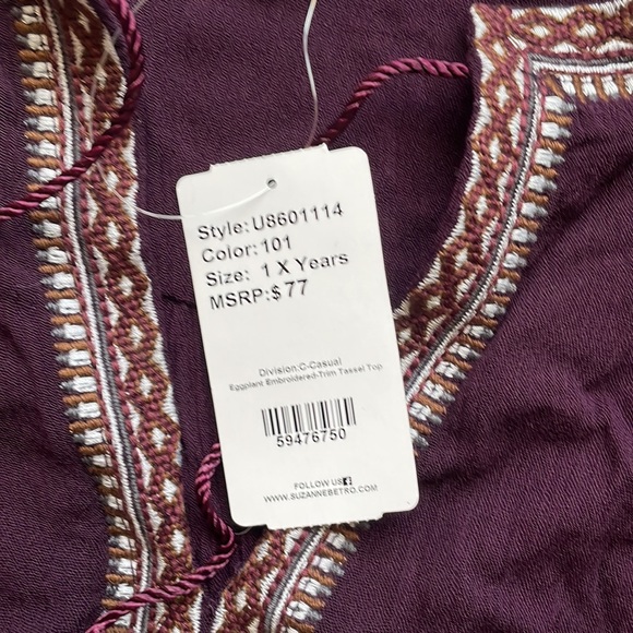 New with tag 1X Dark purple tunic with brown and white embroidery detail. - Picture 5 of 6